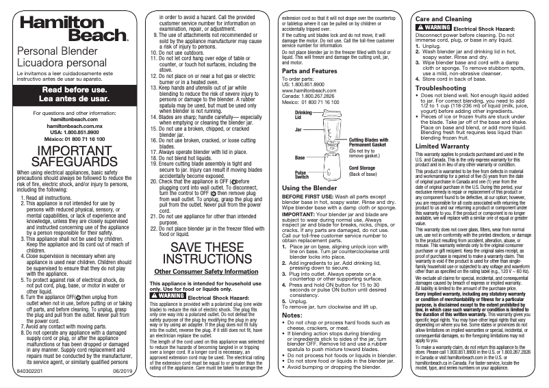 Page 1 de la notice Manuel utilisateur Hamilton Beach 51101RV