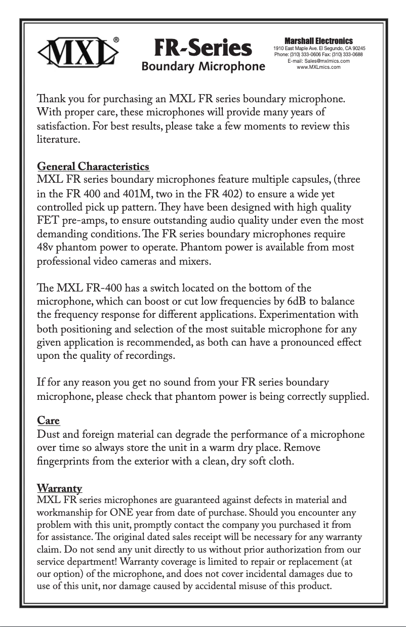 Page 1 de la notice Manuel utilisateur MXL FR-402