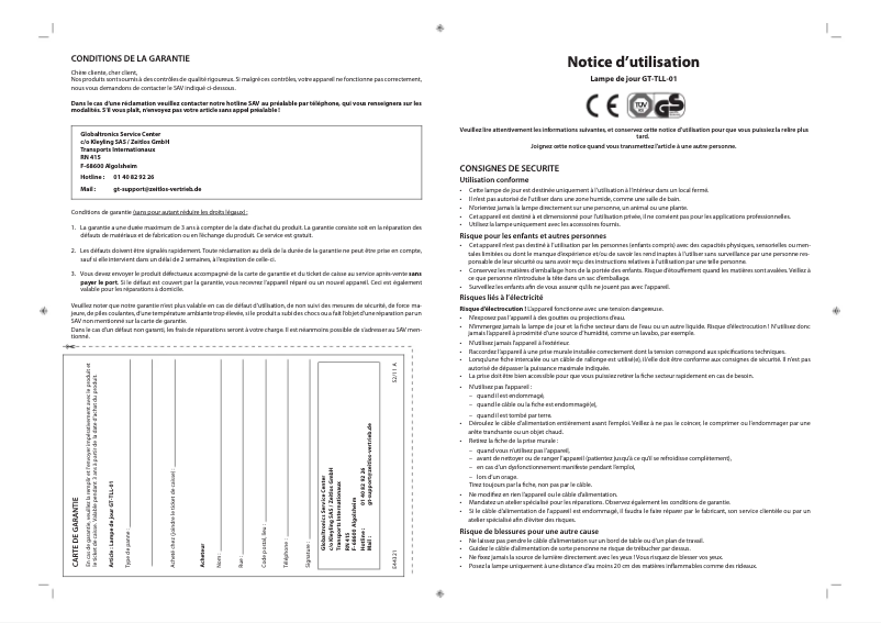 Page 1 de la notice Manuel utilisateur GlobalTronics GT-TLL-01