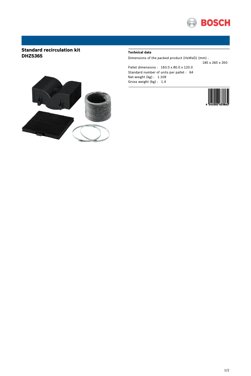 Page 1 de la notice Fiche technique Bosch DHZ5365