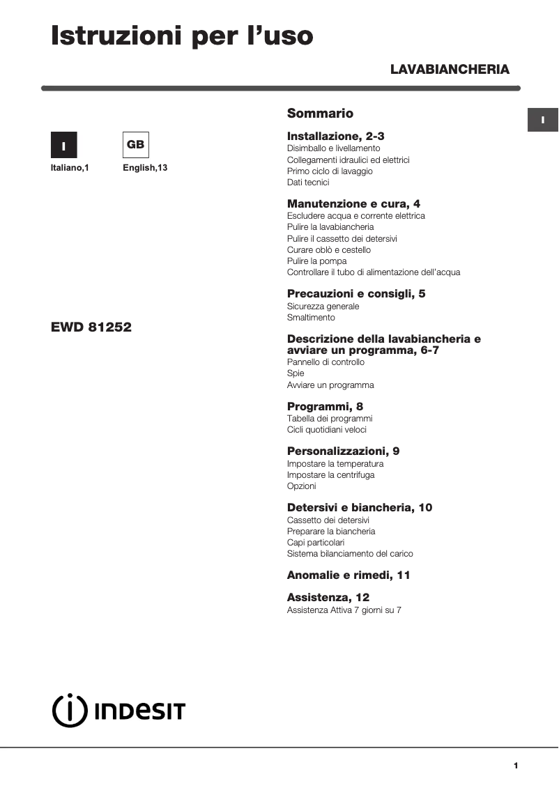 Página 1 del manual Manual de usuario Indesit EWD 81252 W IT.M