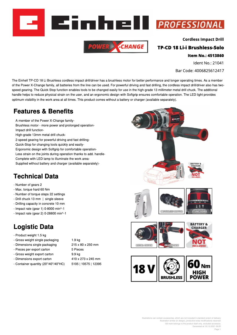 Page 1 de la notice Fiche technique Einhell TE-CD 18 LI-I BL