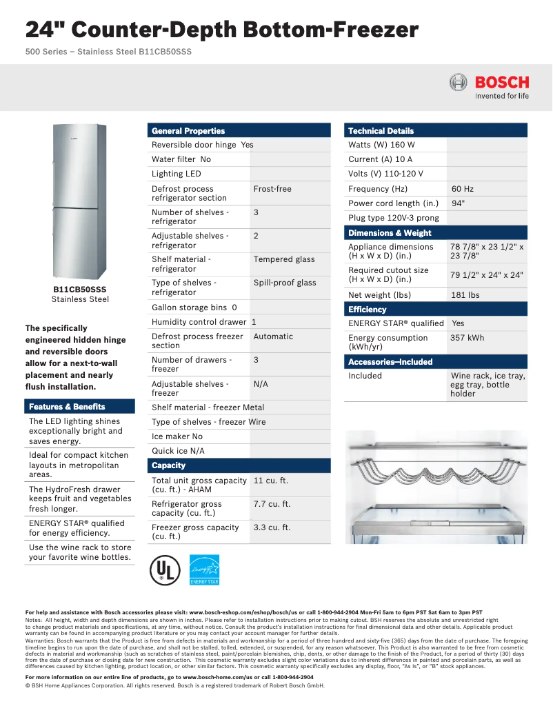 Page 1 of the manual Technical Sheet Bosch B11CB50SSS