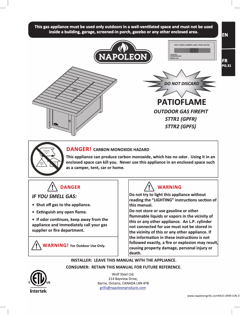 Page n°1 - Manuel utilisateur Napoleon STTR1-BZ