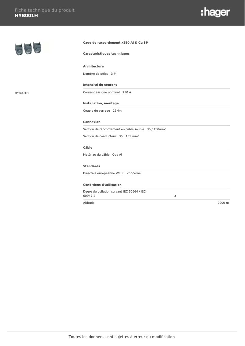 Page n°1 - Fiche technique Hager HYB001H