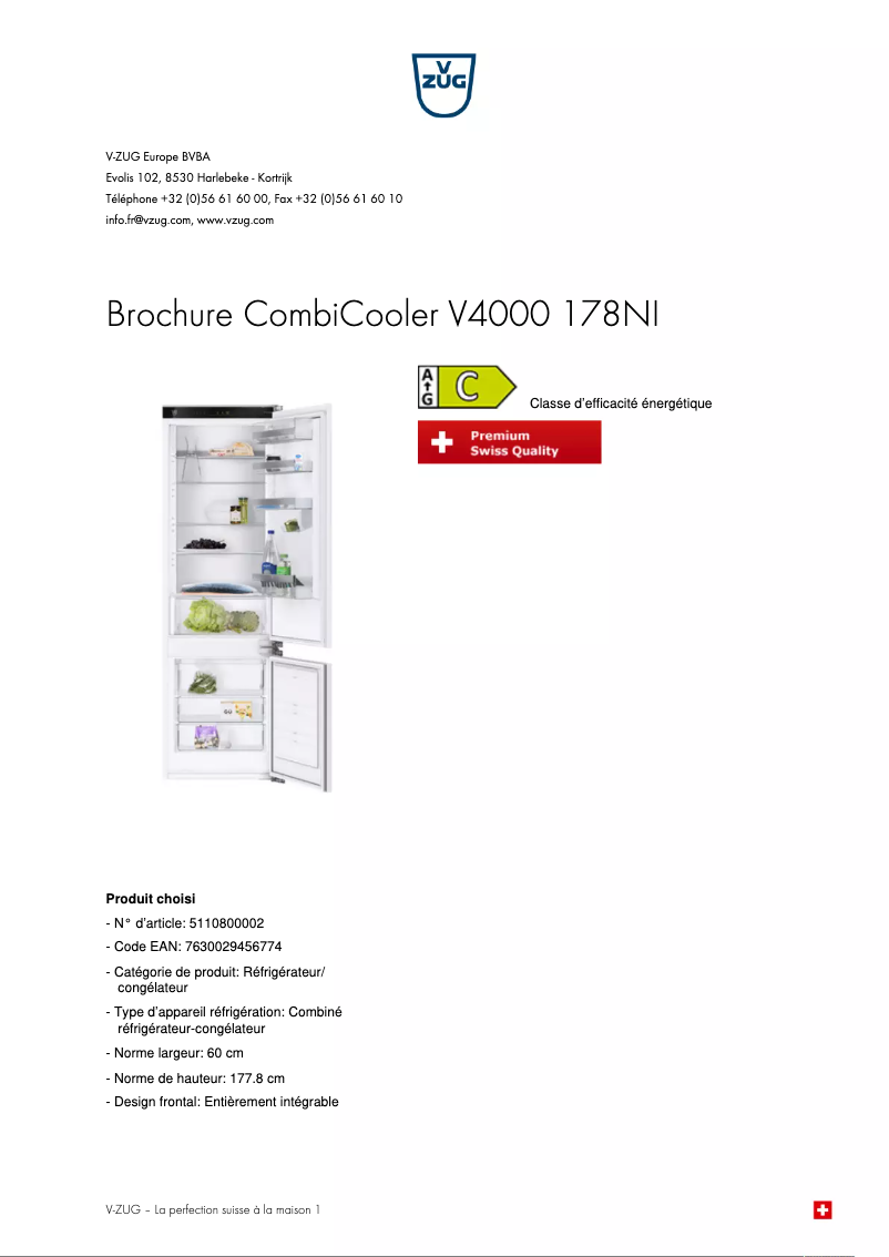 Page 1 de la notice Brochure V-Zug CombiCooler V4000 178NI