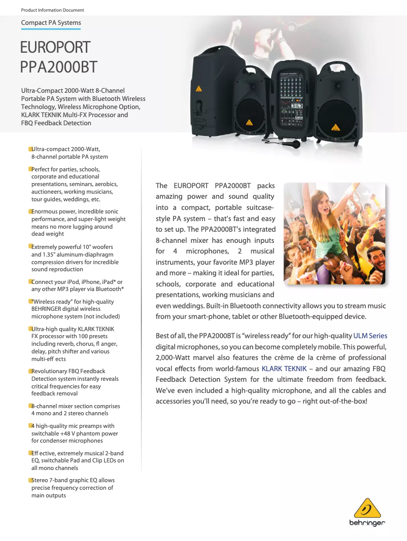 Page 1 de la notice Fiche technique Behringer Europort PPA2000BT