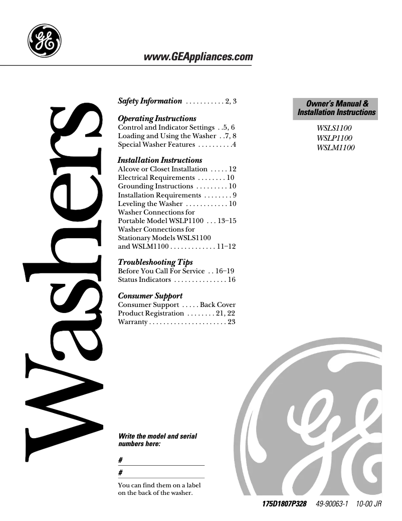 Page n°1 - Guide d'installation GE WSLS1100AWW