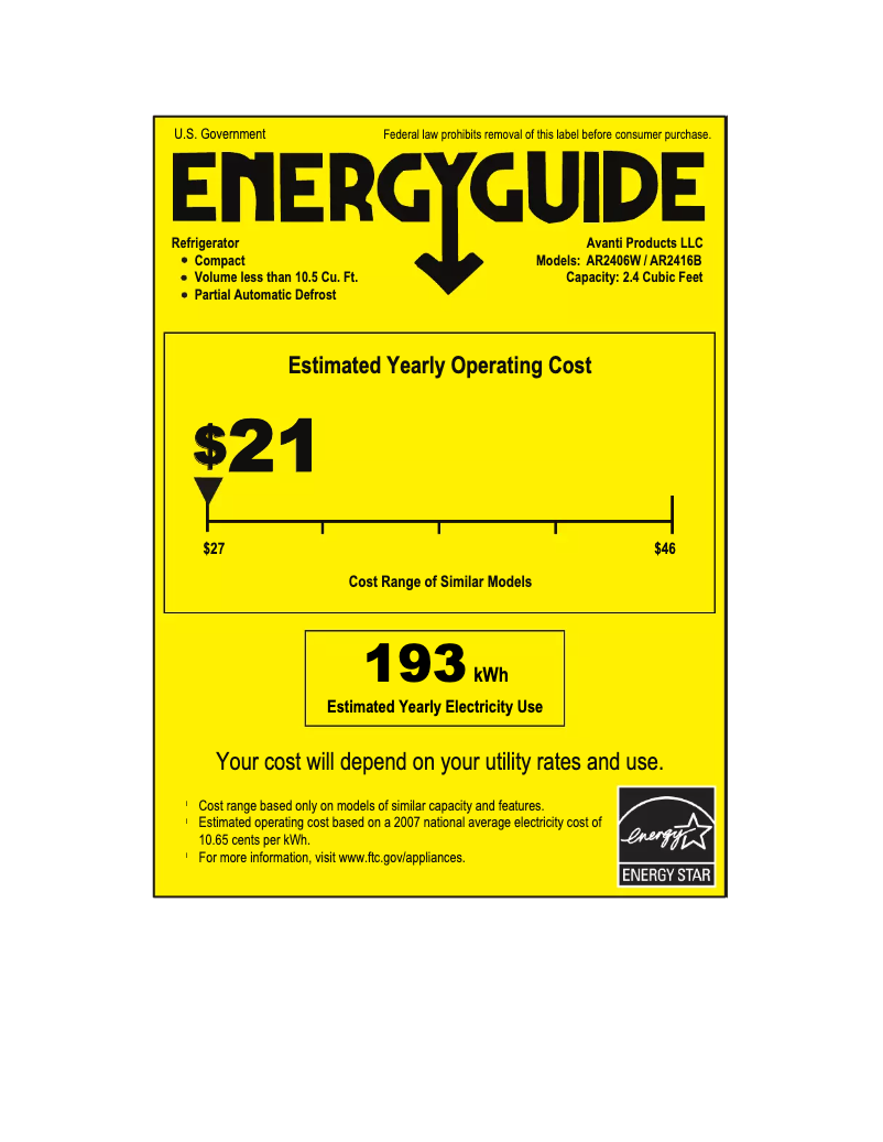 Page 1 de la notice Label énergétique Avanti CK3016