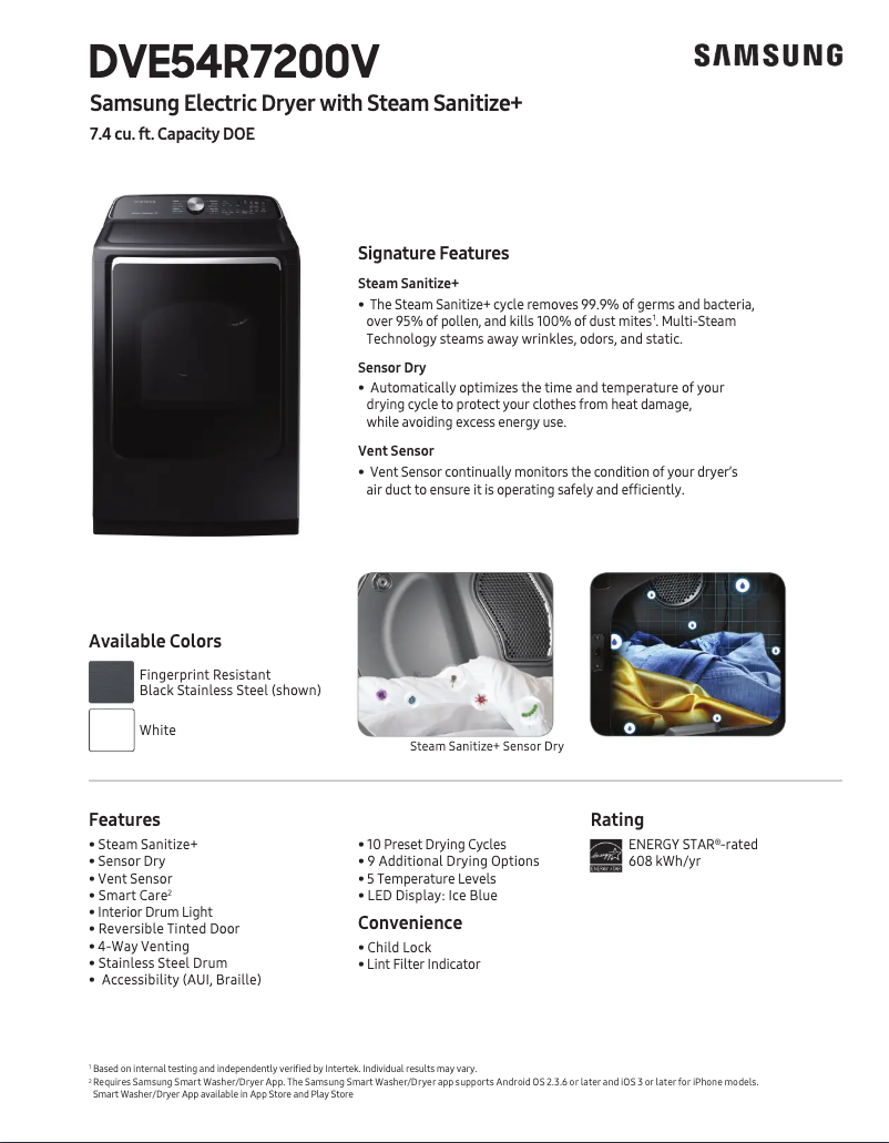 Page 1 de la notice Fiche technique Samsung DVE54R7600W