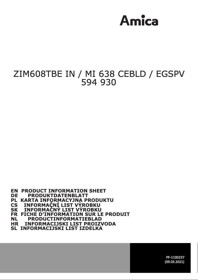 Page 1 de la notice Fiche technique Amica ZIM608TBE IN