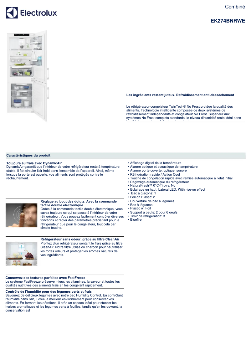 Page 1 de la notice Fiche technique Electrolux EK274BNRWE