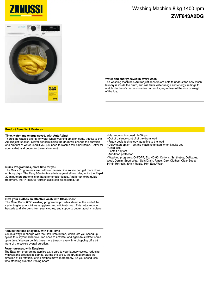 Page 1 de la notice Fiche technique Zanussi ZWF843A2DG