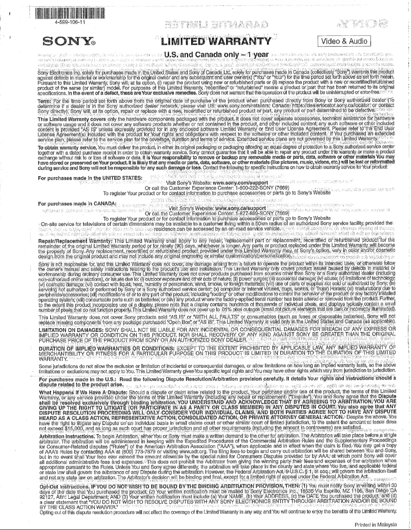 Page 1 de la notice Informations de garantie Sony SA-SW3