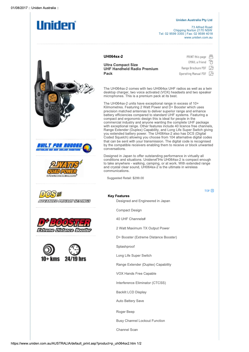 Page 1 de la notice Manuel utilisateur Uniden UH064SX