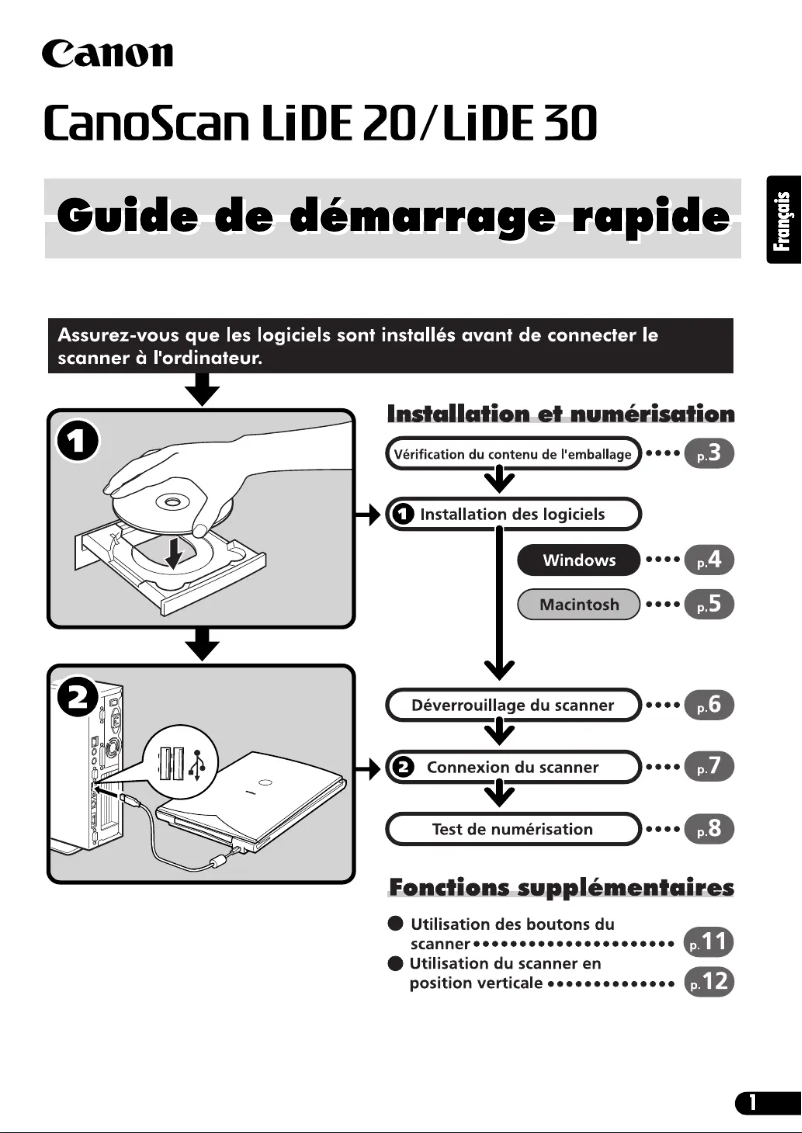 Page 1 de la notice Guide de démarrage rapide Canon CanoScan LiDE 30