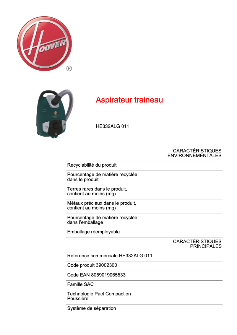 Page n°1 - Fiche technique Hoover H-ENERGY 300 HE332ALG 011