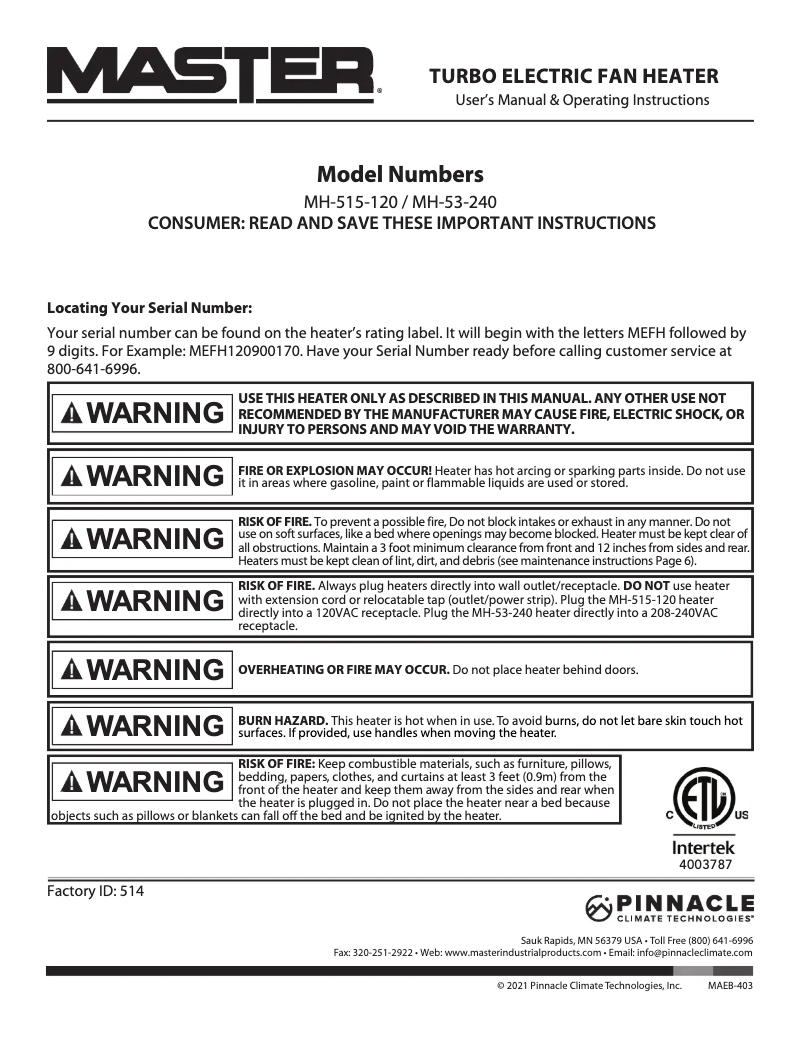 Image de la première page du manuel de l'appareil MH-53-240