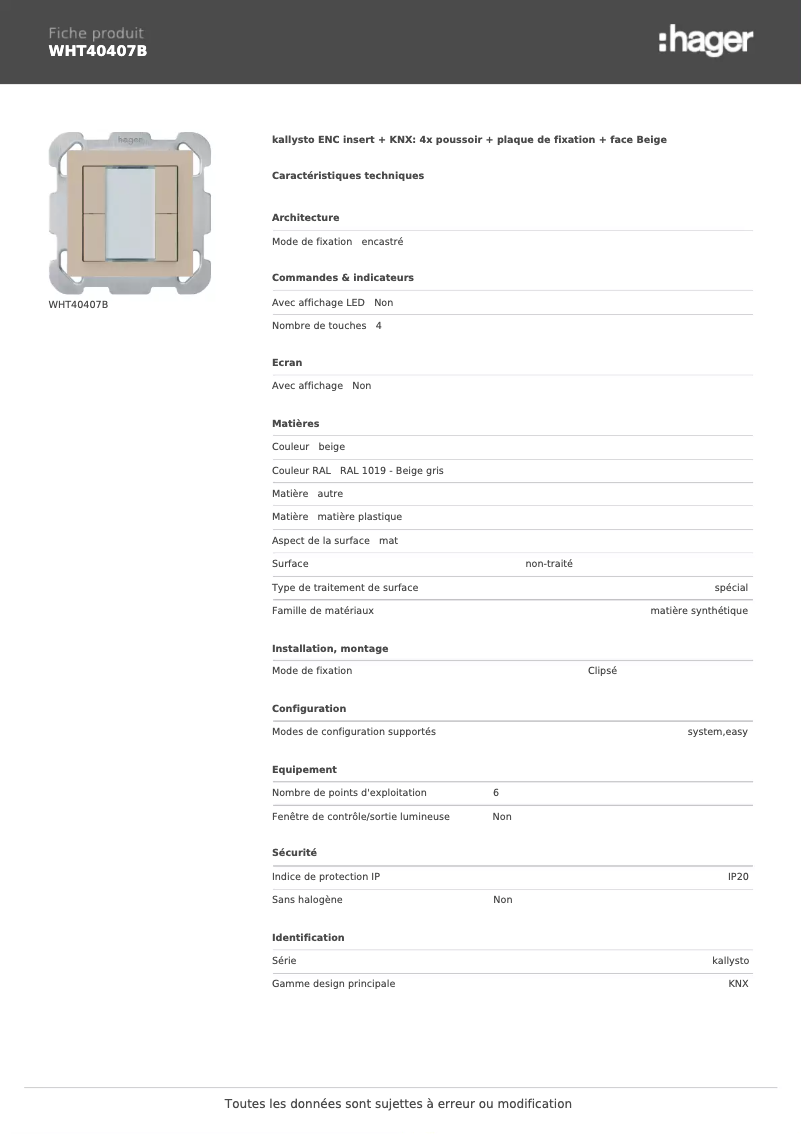 Page 1 de la notice Fiche technique Hager WHT40407B