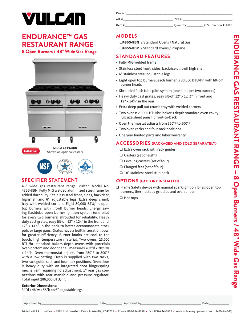 Page 1 de la notice Fiche technique Vulcan 48SS-8B
