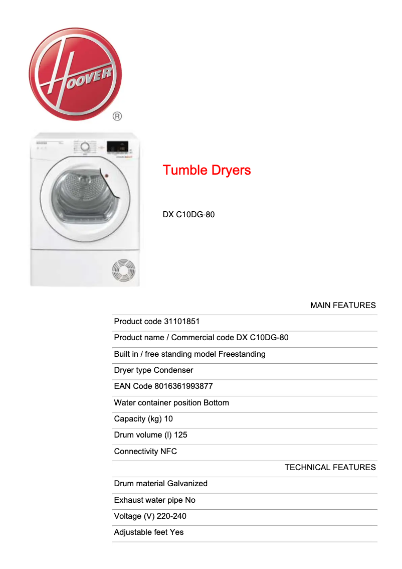 Page n°1 - Fiche technique Hoover DX C10DG-80
