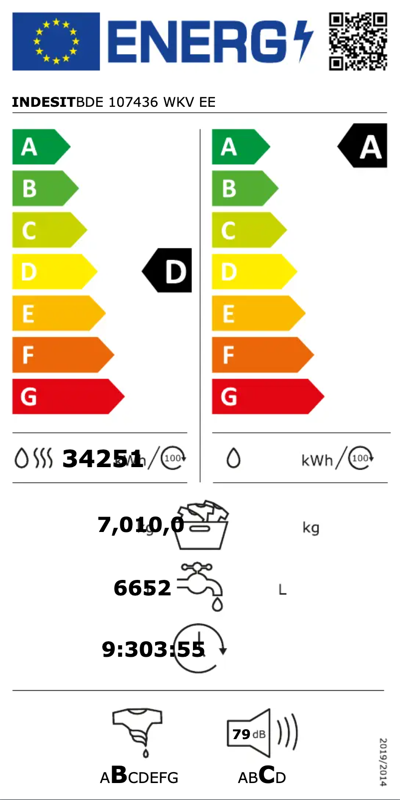 Page n°1 - Label énergétique Indesit BDE 107436 WKV EE