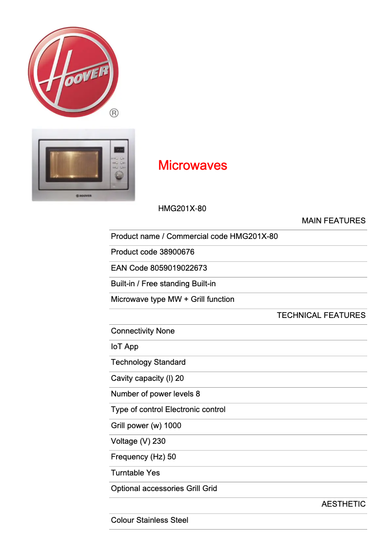 Page n°1 - Fiche technique Hoover HMG201X-80