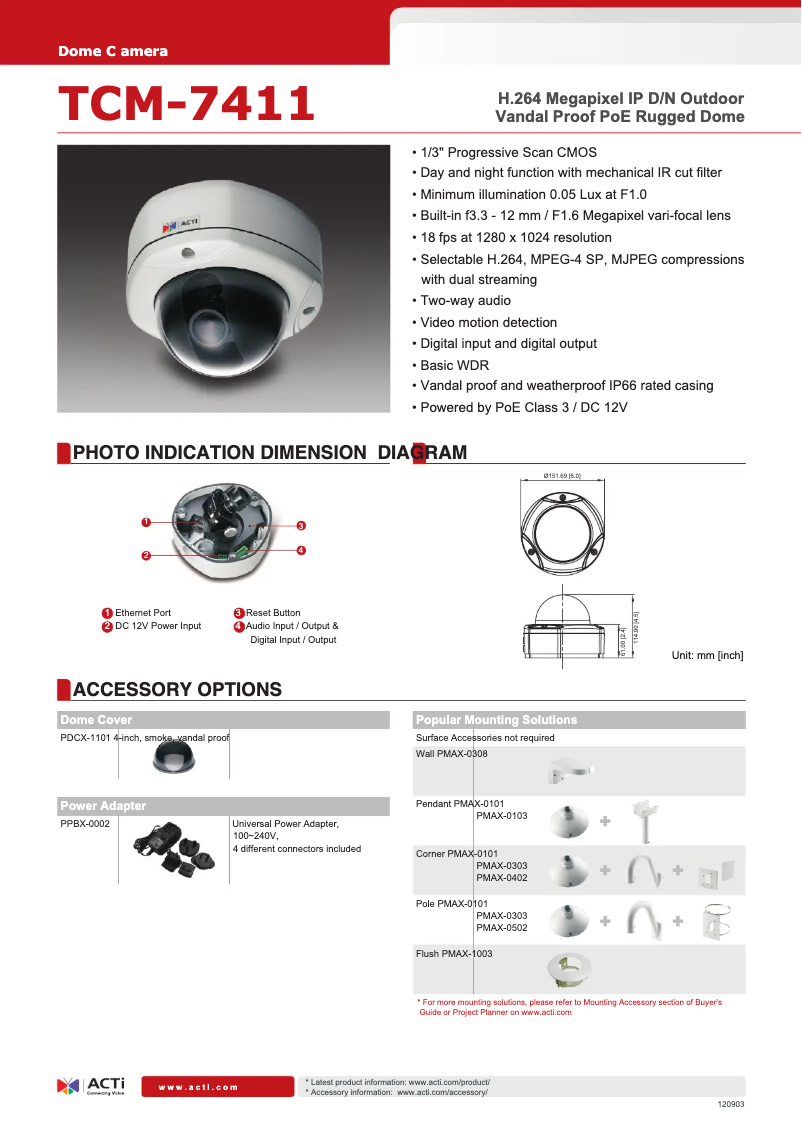 Page n°1 - Fiche technique ACTi TCM-7411