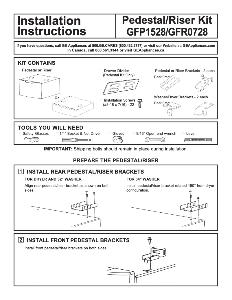 Page 1 de la notice Guide d'installation GE GFR0728PTDS