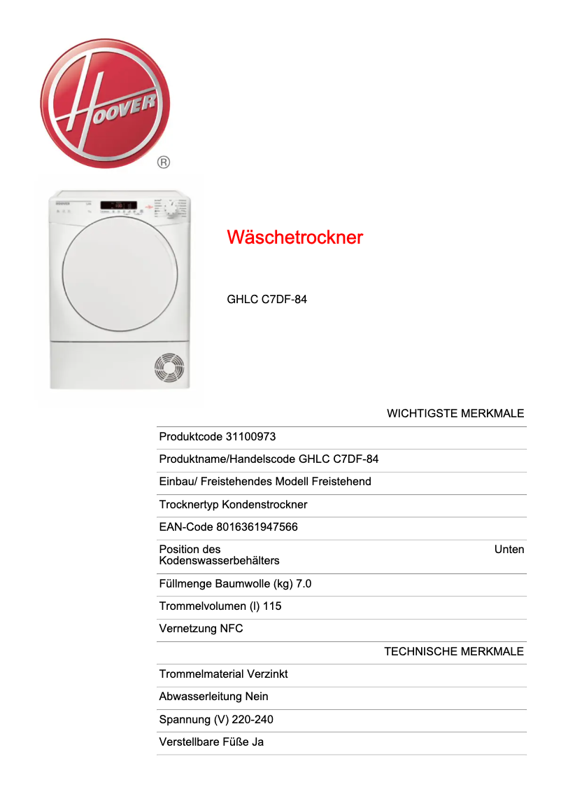 Page n°1 - Fiche technique Hoover HL 1492D3/1-S