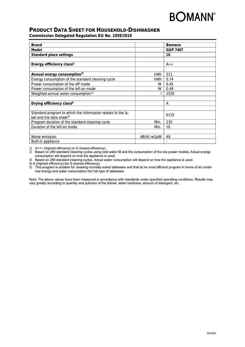 Page n°1 - Fiche technique Bomann GSP 7407