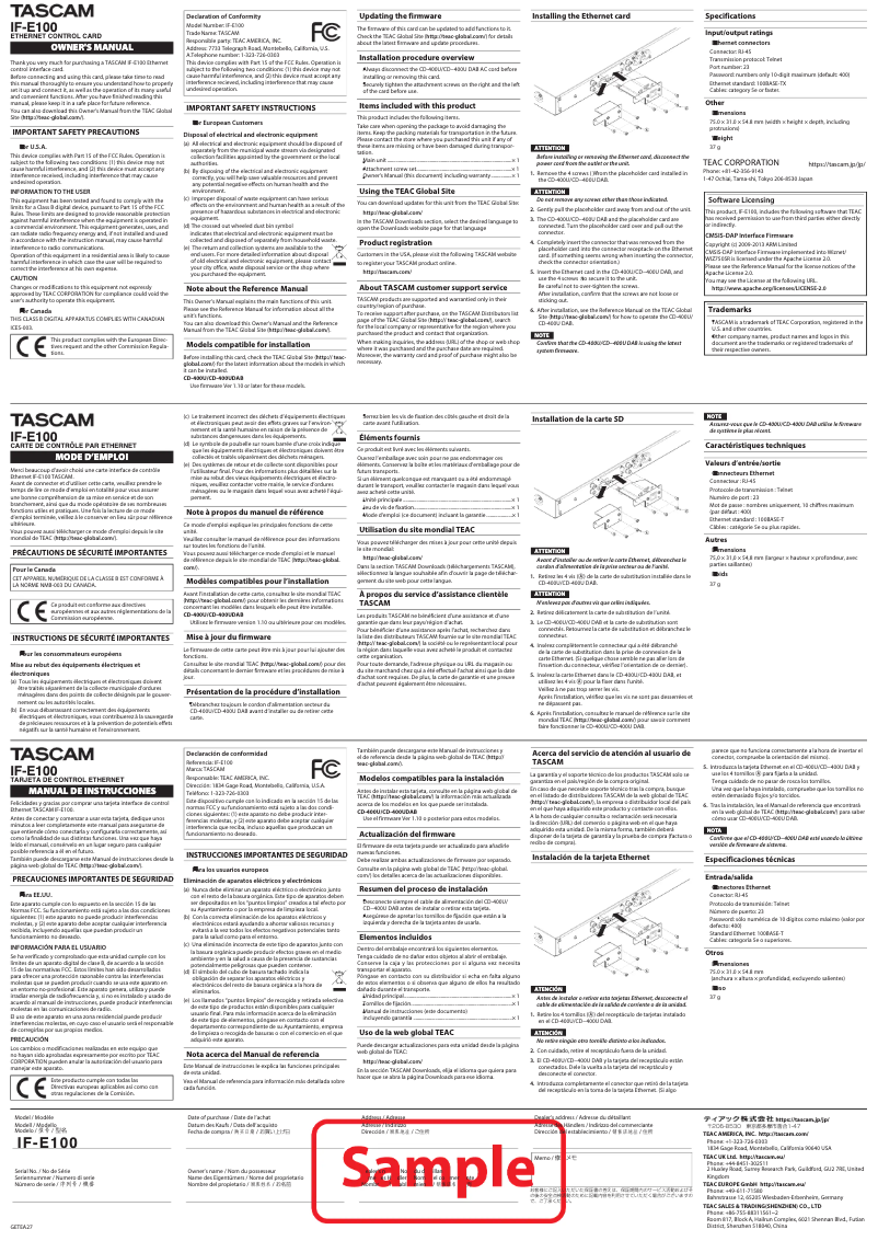 Page 1 de la notice Manuel utilisateur Tascam IF-E100