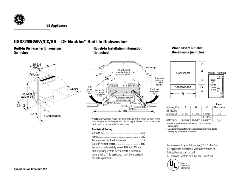 Page 1 de la notice Fiche technique GE GSD3200GBB
