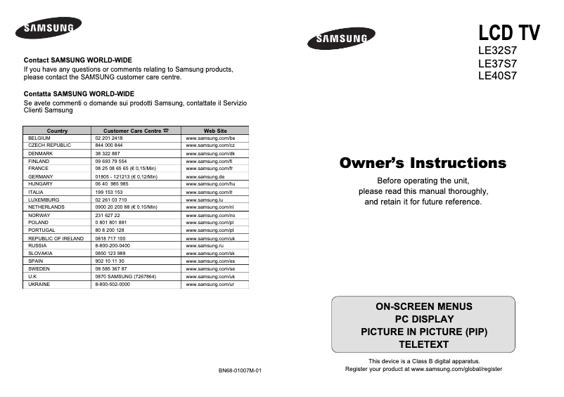 Page 1 de la notice Manuel utilisateur Samsung LE37S73BD