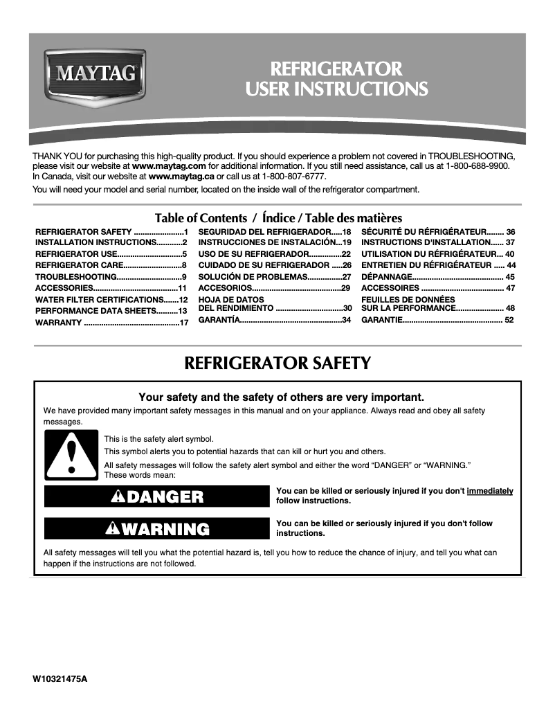 Page n°1 - Manuel utilisateur Maytag MSF25D2EAW