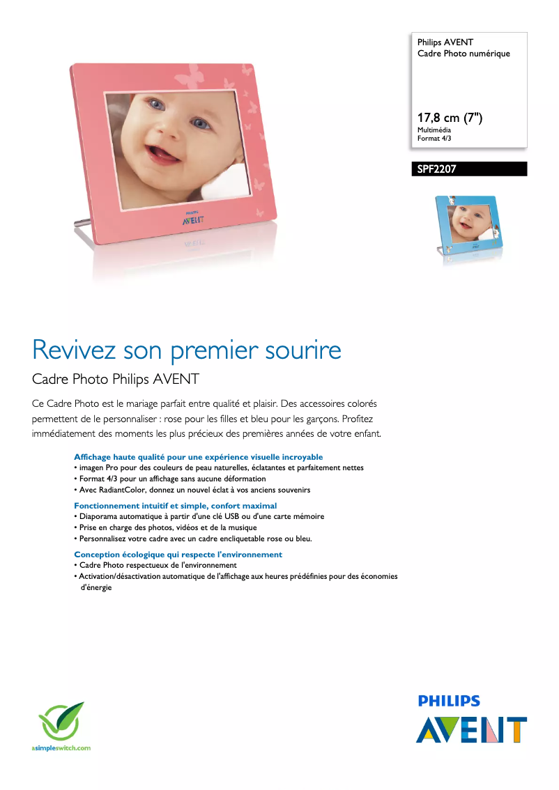 Page 1 de la notice Fiche technique Philips AVENT SPF2207