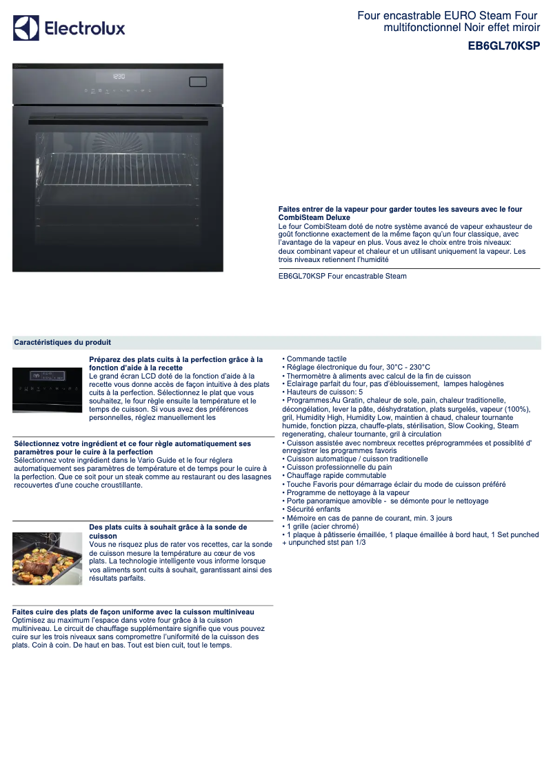 Page 1 de la notice Fiche technique Electrolux EB6GL70KSP