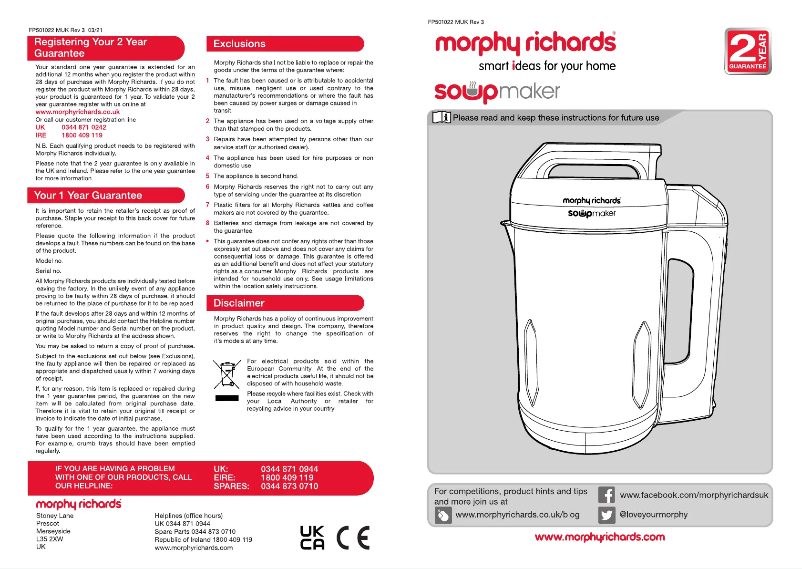 Page 1 de la notice Manuel utilisateur Morphy Richards Compact Soup Maker 50102
