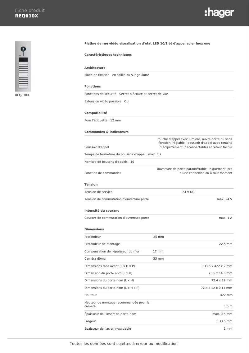 Page 1 de la notice Fiche technique Hager REQ610X