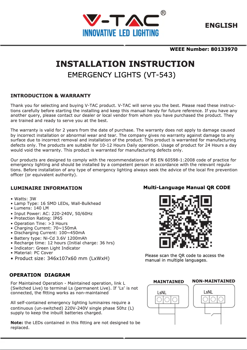 Page 1 de la notice Manuel utilisateur V-TAC VT-543