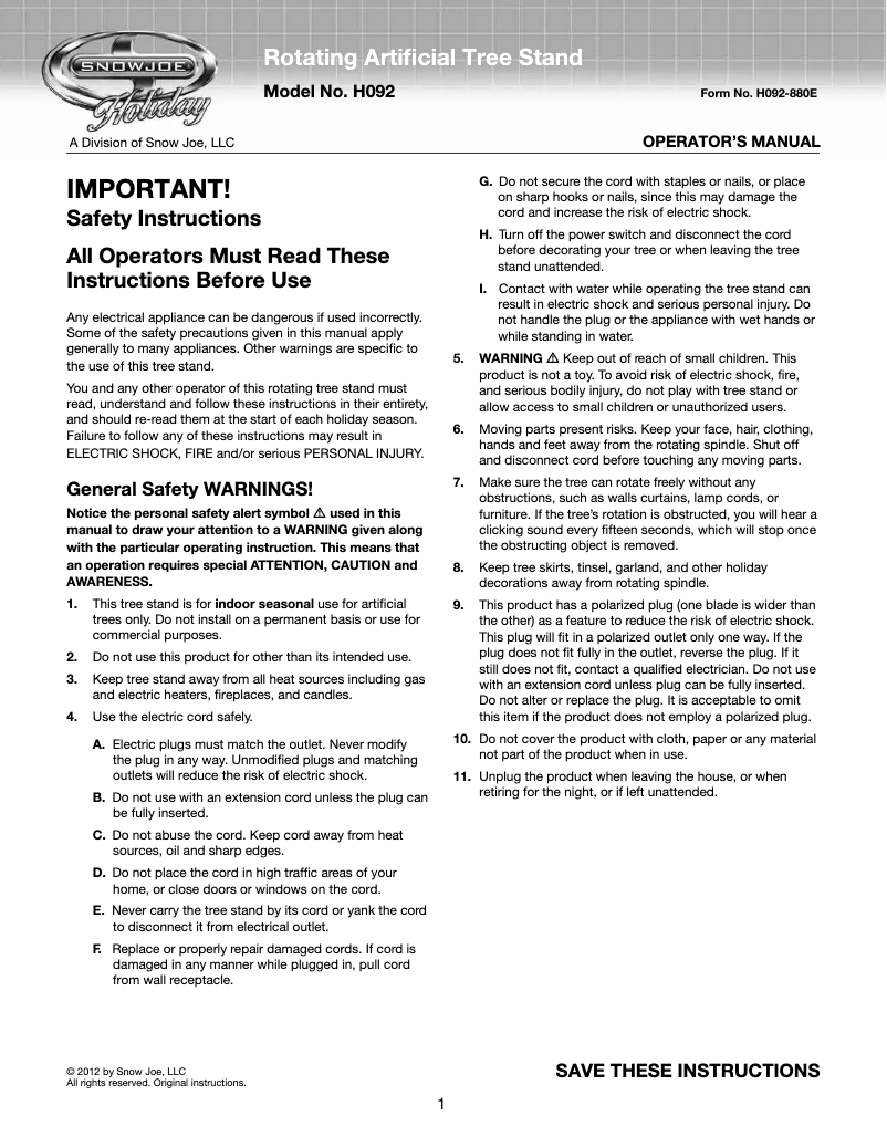 Page 1 de la notice Manuel utilisateur Snow Joe H092