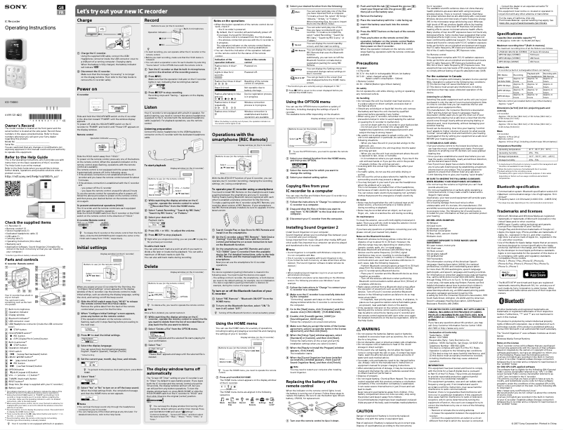 Page 1 de la notice Manuel utilisateur Sony ICD-TX800
