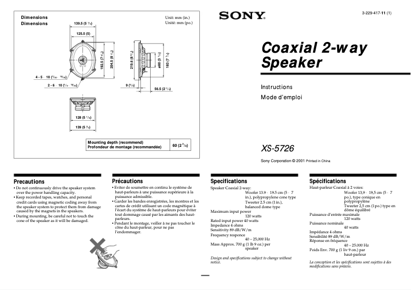 Page 1 de la notice Manuel utilisateur Sony XS-5726