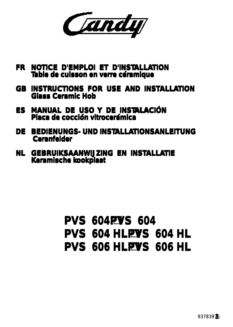 Page n°1 - Manuel utilisateur Candy PVS604N