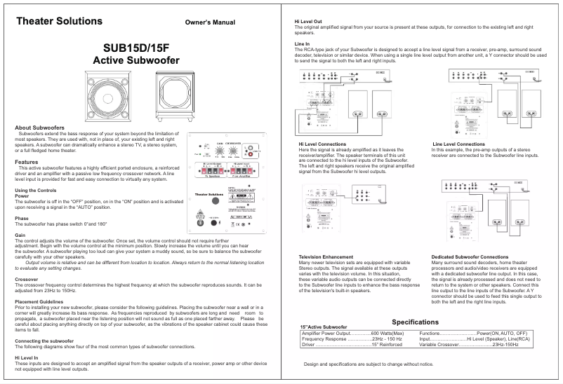 Page 1 de la notice Manuel utilisateur Theater Solutions SUB15D