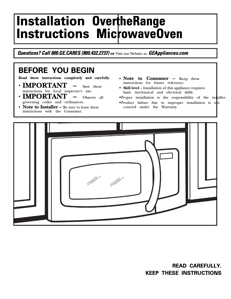 Page n°1 - Guide d'installation GE Spacemaker JVM1740DPCC