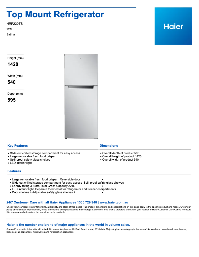 Page 1 de la notice Fiche technique Haier HRF220TS