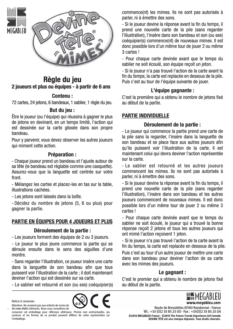 Page 1 de la notice Manuel utilisateur MEGABLEU Devine Tête Mimes