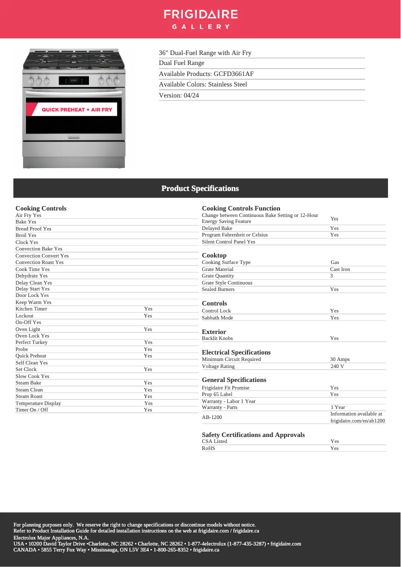 Page n°1 - Fiche technique Frigidaire GCFD3661AF