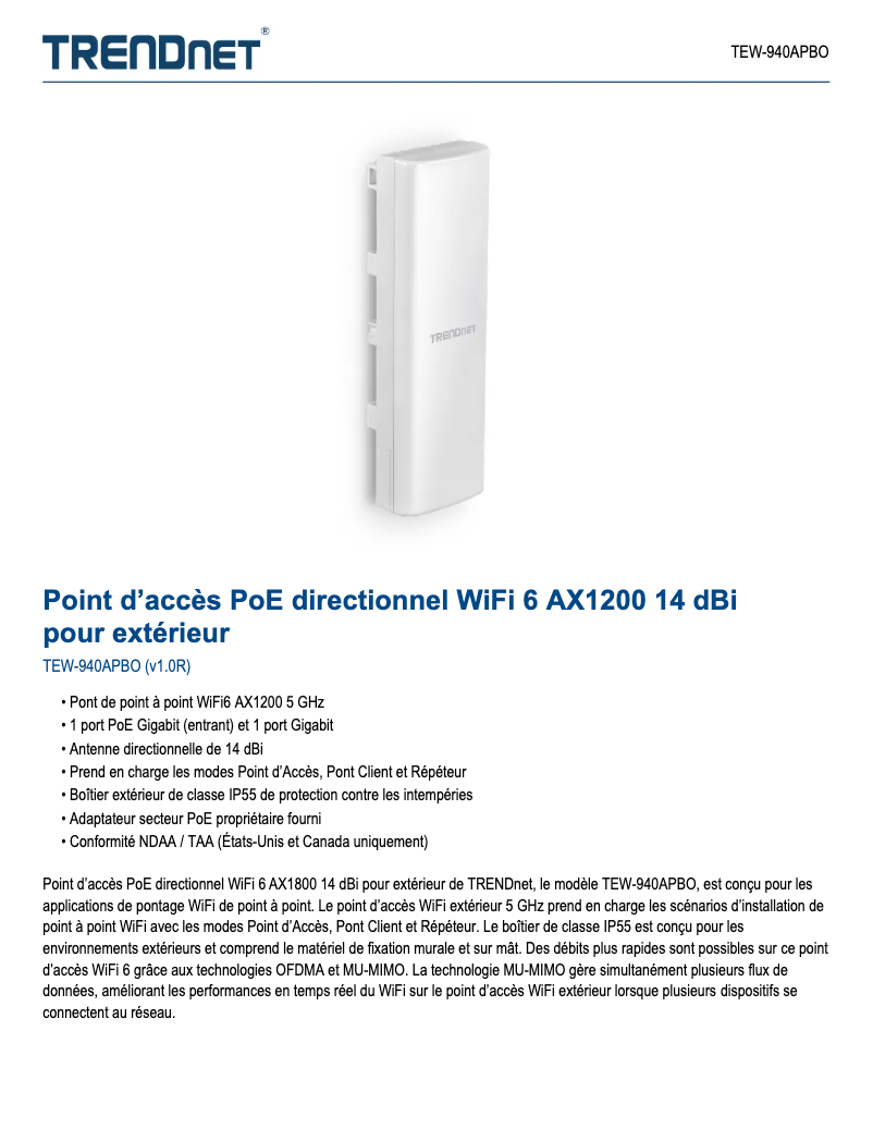 Image de la première page du manuel de l'appareil TEW-940APBO